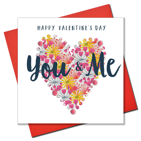Valentine's Day Card, Pattern Heart, You & Me, Embellished with pompoms