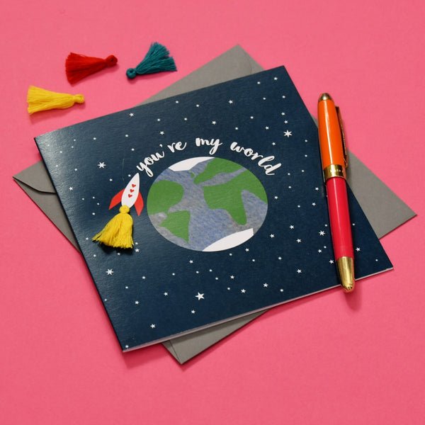 Valentine's Day Card, Rocket, You're my world, Embellished with a tassel