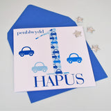 Welsh Birthday Card, Penblwydd Hapus, Age 1 Blue, Embellished with a padded star