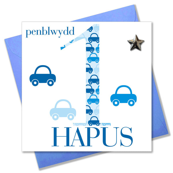 Welsh Birthday Card, Penblwydd Hapus, Age 1 Blue, Embellished with a padded star