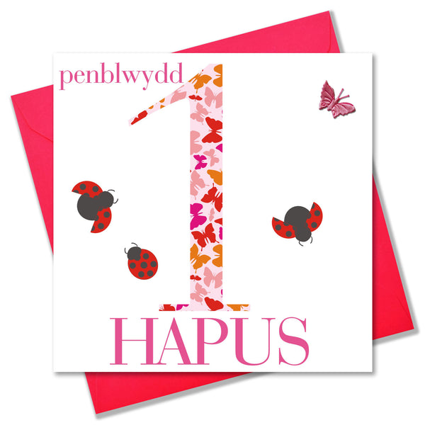 Welsh Birthday Card Penblwydd Hapus Age 1 Pink, fabric butterfly Embellished