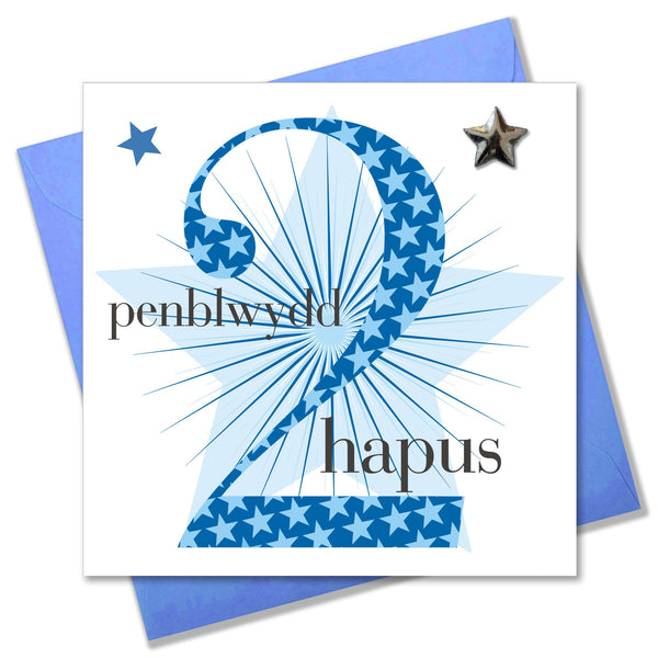 Welsh Birthday Card, Penblwydd Hapus, Boy Blue Star, padded star embellished