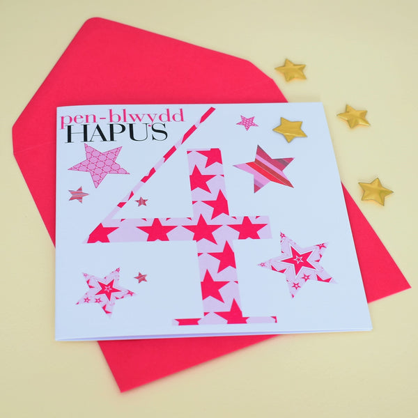 Welsh Birthday Card, Penblwydd Hapus, Age 4 Girl, Embellished with a padded star