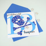 Welsh Birthday Card, Penblwydd Hapus, Age 13 Boy, Embellished with a padded star