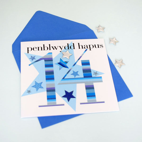Welsh Birthday Card, Penblwydd Hapus, Age 14 Boy, Embellished with a padded star