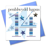 Welsh Birthday Card, Penblwydd Hapus, Age 14 Boy, Embellished with a padded star