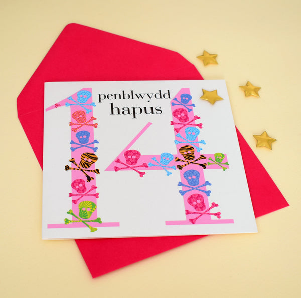 Welsh Birthday Card, Penblwydd Hapus, Age 14 Girl, padded star embellished