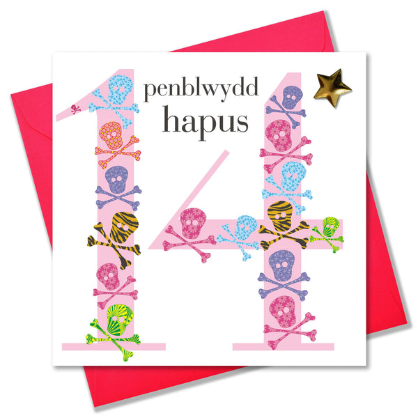 Welsh Birthday Card, Penblwydd Hapus, Age 14 Girl, padded star embellished