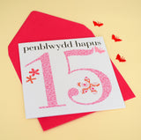Welsh Birthday Card, Penblwydd Hapus, Age 15 Girl, fabric butterfly Embellished