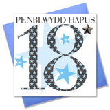 Welsh Birthday Card, Penblwydd Hapus, Age 18 Boy, Embellished with a padded star