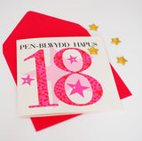 Welsh Birthday Card, Penblwydd Hapus, Age 18 Girl, padded star embellished