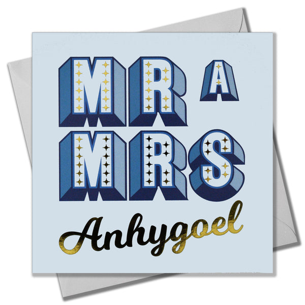 Welsh Wedding Card, Mr a Mrs Anhygoel, Blue block letters, with gold foil
