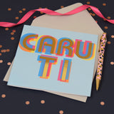 Welsh Dwynwen Day Card, Caru Ti, text foiled in shiny gold