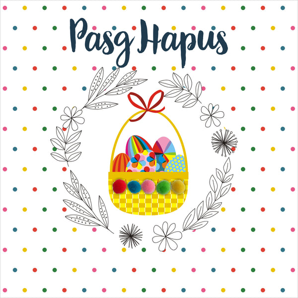 Welsh Easter Card, Pasg Hapus, Basket of Eggs,  Pompom Embellished