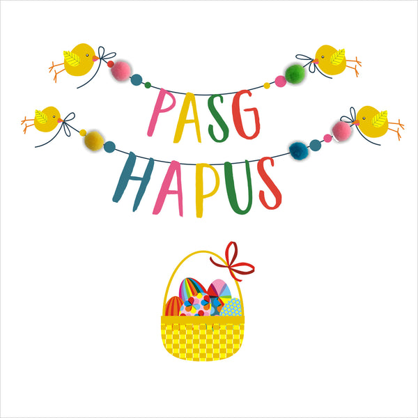 Welsh Easter Card, Pasg Hapus, Chicks with Bunting, Pompom Embellishe