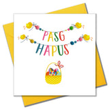 Welsh Easter Card, Pasg Hapus, Chicks with Bunting, Pompom Embellishe