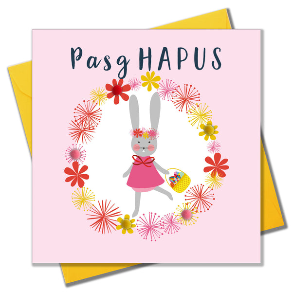 Welsh Easter Card, Pasg Hapus, Bunny Girl, Hoppy Easter, Pompom Embellished