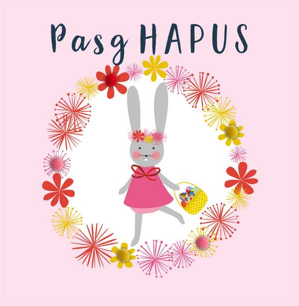 Welsh Easter Card, Pasg Hapus, Bunny Girl, Hoppy Easter, Pompom Embellished