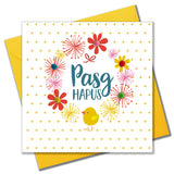 Welsh Easter Card, Pasg Hapus, Dots & Flowers, Happy Easter, Pompom Embellished