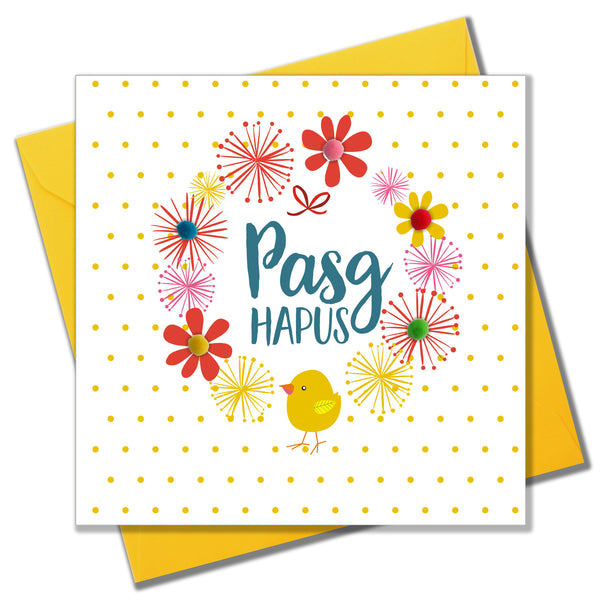 Welsh Easter Card, Pasg Hapus, Dots & Flowers, Happy Easter, Pompom Embellished