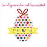 Welsh Easter Card, Pasg Hapus, Big Easter Egg, Pompom Embellished