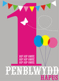 Welsh Birthday Card, Penblwydd Hapus, Pink Age 1, 1st Birthday, Hip Hip Hooray
