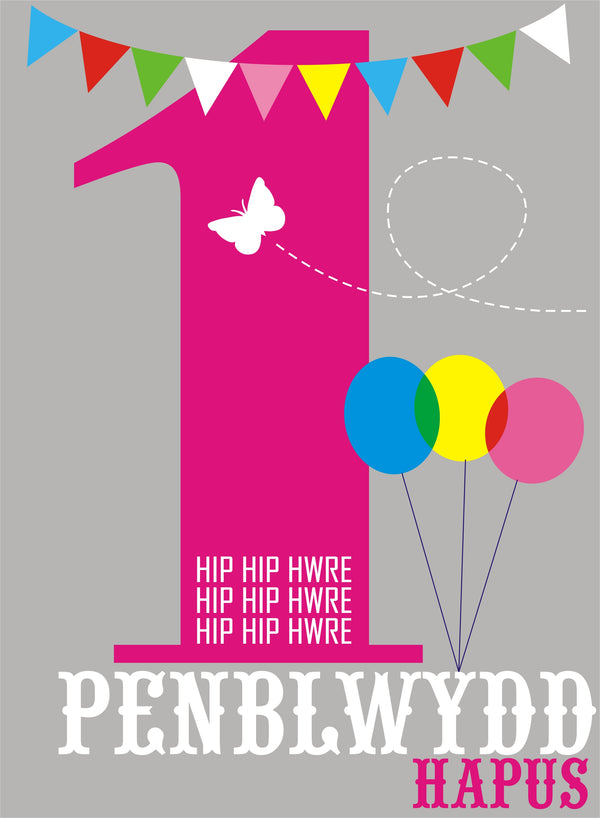 Welsh Birthday Card, Penblwydd Hapus, Pink Age 1, 1st Birthday, Hip Hip Hooray