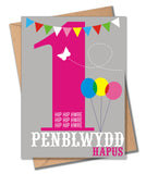 Welsh Birthday Card, Penblwydd Hapus, Pink Age 1, 1st Birthday, Hip Hip Hooray