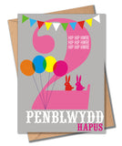 Welsh Birthday Card, Penblwydd Hapus, Pink Age 2, 2nd Birthday, Hip Hip Hooray