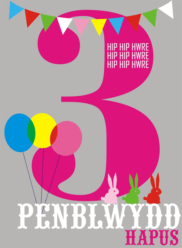 Welsh Birthday Card, Penblwydd Hapus, Pink Age 3, 3rd Birthday, Hip Hip Hooray
