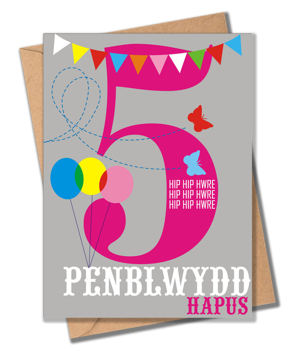 Welsh Birthday Card, Penblwydd Hapus, Pink Age 5, 5th Birthday, Hip Hip Hooray