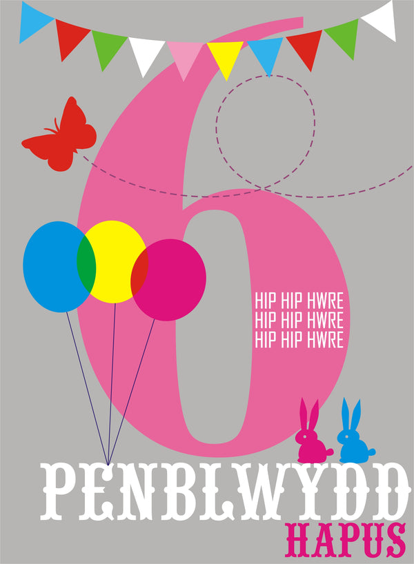 Welsh Birthday Card, Penblwydd Hapus, Pink Age 6, 6th Birthday, Hip Hip Hooray
