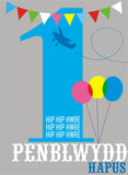 Welsh Birthday Card, Penblwydd Hapus, Blue Age 1, 1st Birthday, Hip Hip Hooray
