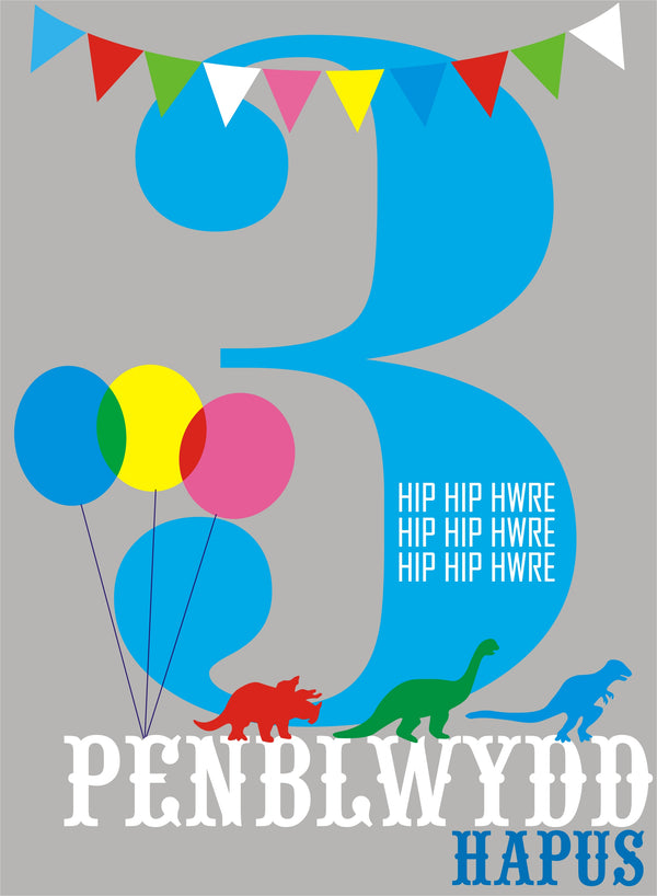 Welsh Birthday Card, Penblwydd Hapus, Blue Age 3, 3rd Birthday, Hip Hip Hooray