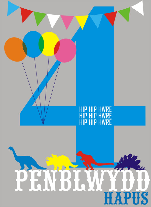 Welsh Birthday Card, Penblwydd Hapus, Blue Age 4, 4th Birthday, Hip Hip Hooray