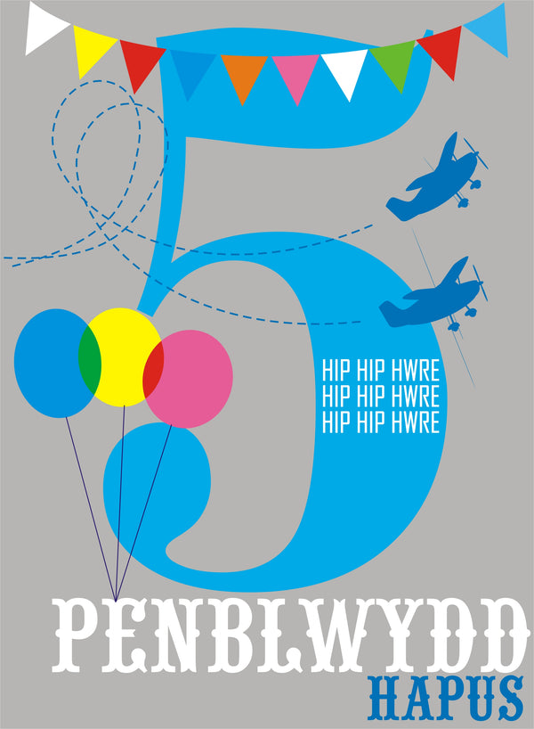 Welsh Birthday Card, Penblwydd Hapus, Blue Age 5, 5th Birthday, Hip Hip Hooray