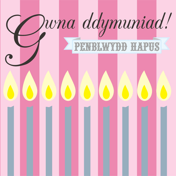 Welsh Birthday Card, Penblwydd Hapus, Candles, Make a Wish! Happy Birthday