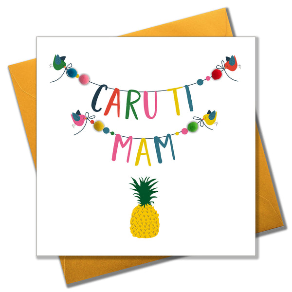 Welsh Mother's Day Card, Sul y Mamau Hapus, Mam, Pineapple, Pompom Embellished