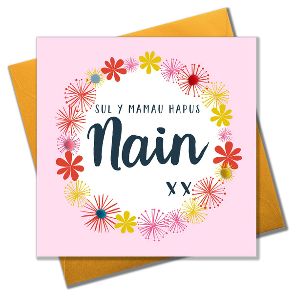 Welsh Granny Mother's Day Card, Sul y Mamau Hapus Nain, Pompom Embellished