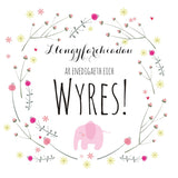 Welsh Baby Card, Blue Elephant and Heart, Birth of Grandson