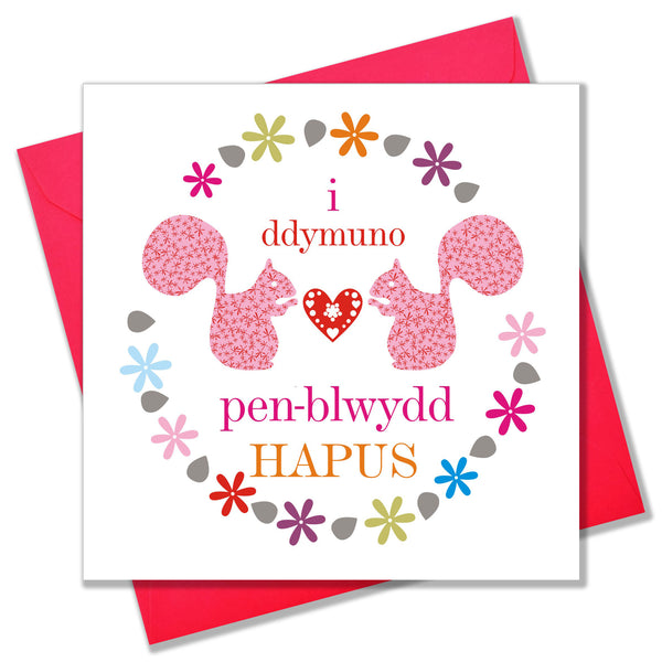 Welsh Birthday Card, Penblwydd Hapus, Squirrels, wishing you a happy birthday