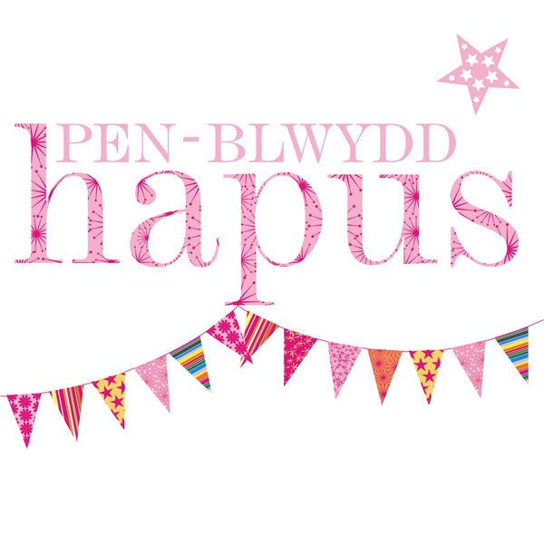 Welsh Birthday Card, Penblwydd Hapus, Pink Flags, Birthday Girl