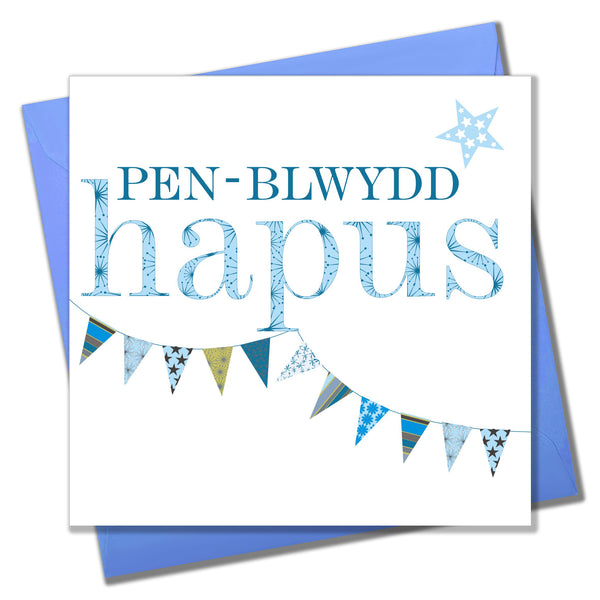 Welsh Birthday Card, Penblwydd Hapus, Blue Flags, Birthday Boy