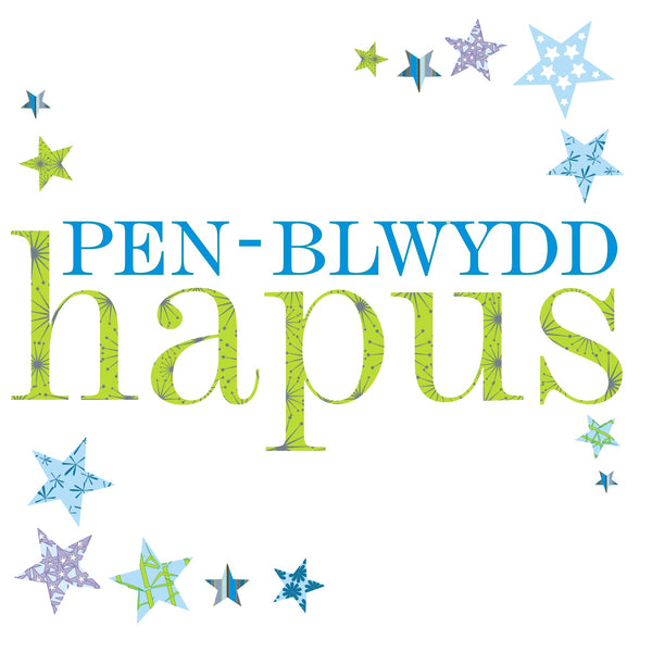 Welsh Birthday Card, Penblwydd Hapus, Blue Stars, Happy Birthday to you