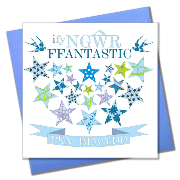 Welsh Husband Birthday Card, Penblwydd Hapus Gwr, Blue Stars