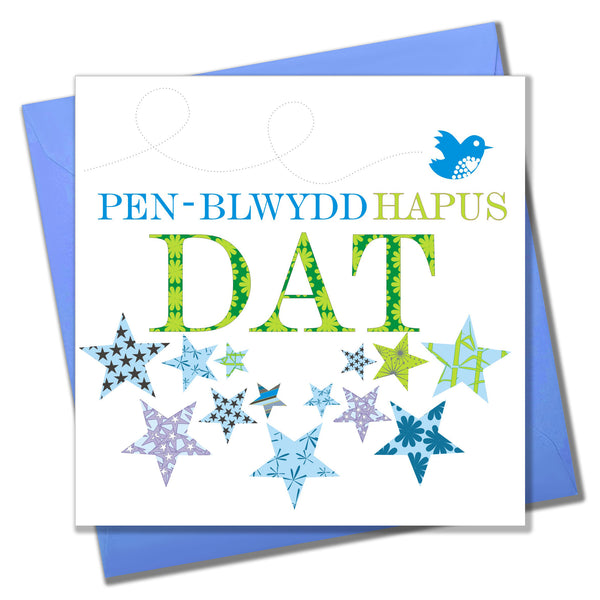 Welsh Dad Birthday Card, Penblwydd Hapus Dat, Blue Stars