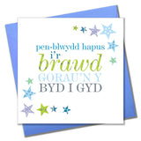 Welsh Brother Birthday Card, Penblwydd Hapus Brawd, Blue Stars