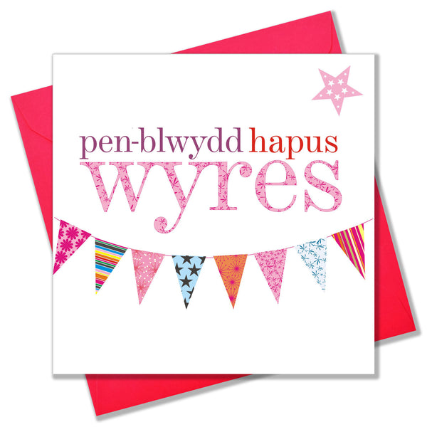 Welsh Granddaughter Birthday Card, Penblwydd Hapus Wyres, Pink Flags