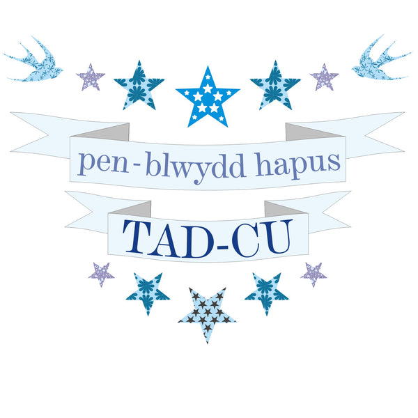 Welsh Grandad Birthday Card, Penblwydd Hapus Tad-cu, Blue Stars