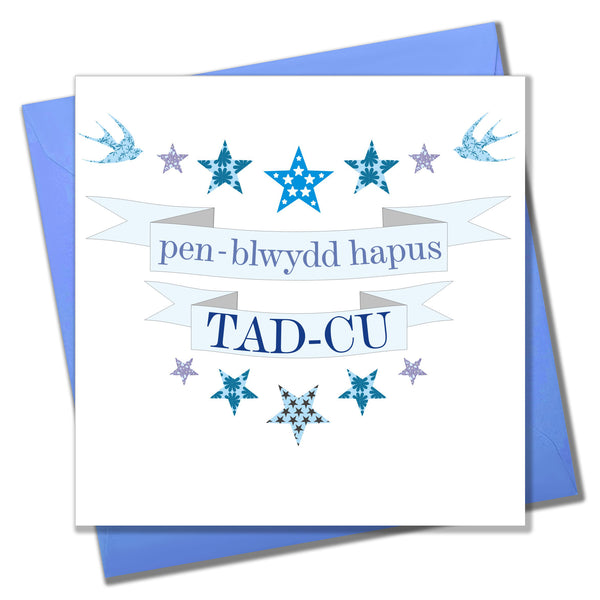 Welsh Grandad Birthday Card, Penblwydd Hapus Tad-cu, Blue Stars